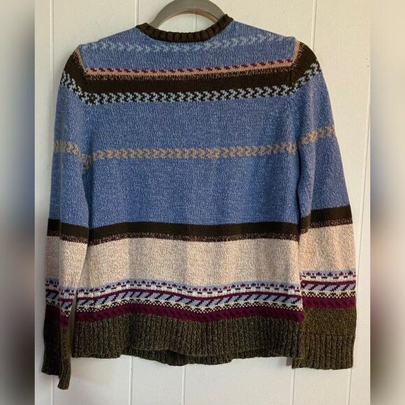 First Issue Sweater Women’s Small Blue Fair Isle Cardigan Ramie Cotton Full Zip - Picture 2 of 5